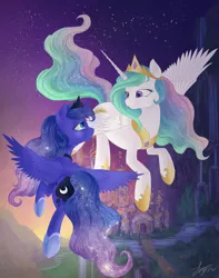 Size: 4500x5700 | Tagged: safe, artist:katyand, derpibooru import, princess celestia, princess luna, alicorn, pony, absurd resolution, canterlot, canterlot castle, duo, female, flying, looking at each other, mare, night, royal sisters, siblings, sisters, sky, starry night, stars