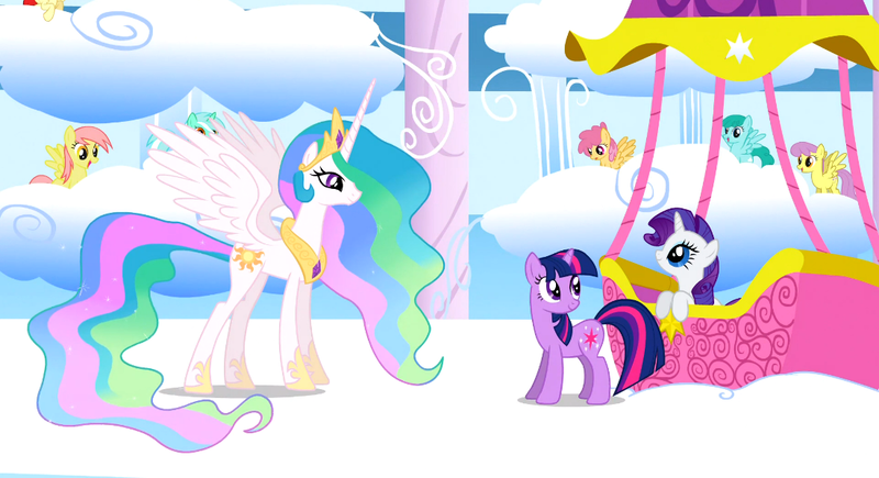 Size: 1099x597 | Tagged: safe, derpibooru import, screencap, dizzy twister, high spirits, lyra heartstrings, orange swirl, parasol, princess celestia, rarity, spring melody, sprinkle medley, twilight sparkle, alicorn, pegasus, pony, unicorn, sonic rainboom (episode), background pony, female, hot air balloon, mare, twinkling balloon, unicorn twilight