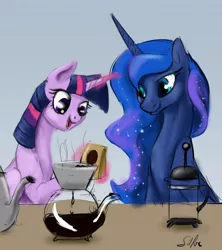 Size: 1280x1440 | Tagged: safe, artist:silfoe, derpibooru import, princess luna, twilight sparkle, twilight sparkle (alicorn), alicorn, pony, royal sketchbook, coffee, female, lesbian, levitation, magic, mare, shipping, smiling, twiluna