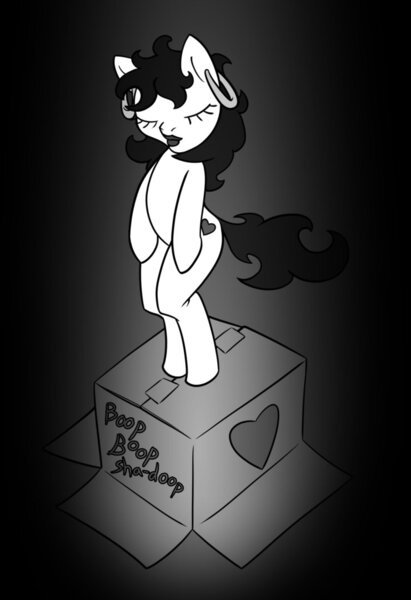 Size: 740x1080 | Tagged: betty boop, black and white, crossover, derpibooru import, grayscale, old timey, ponified, safe, solo