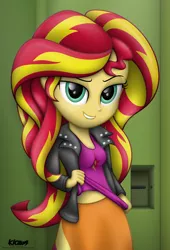 Size: 4213x6213 | Tagged: suggestive, artist:kiowa213, derpibooru import, sunset shimmer, equestria girls, absurd resolution, bedroom eyes, belly button, breasts, clothes, female, lip bite, looking at you, midriff, sassy, shirt lift, signature, skirt, solo, solo female, stupid sexy sunset shimmer