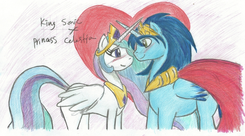 Size: 6216x3448 | Tagged: safe, artist:ladylunamoth, artist:sonicmiku, derpibooru import, princess celestia, ponified, alicorn, pony, alicornified, blushing, race swap, request, sonic the hedgehog, sonic the hedgehog (series), soniclestia, traditional art