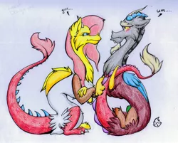 Size: 2602x2090 | Tagged: safe, artist:nekotigerfire, derpibooru import, discord, fluttershy, draconequus, angry, blushing, discoshy, draconequified, duo, female, flutterequus, male, shipping, species swap, straight, traditional art