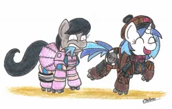 Size: 1780x1125 | Tagged: safe, artist:bobthedalek, derpibooru import, octavia melody, vinyl scratch, earth pony, pony, unicorn, crossover, duo, image, jpeg, mouth hold, roller skates, starlight express, tail, tail bite, tail pull, traditional art