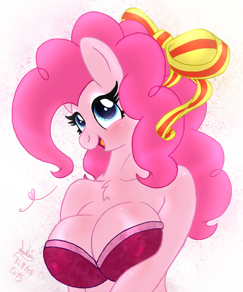 Size: 1000x1200 | Tagged: anthro, artist:joakaha, breasts, busty pinkie pie, chest fluff, cleavage, derpibooru import, female, hair bow, pinkie pie, solo, solo female, suggestive