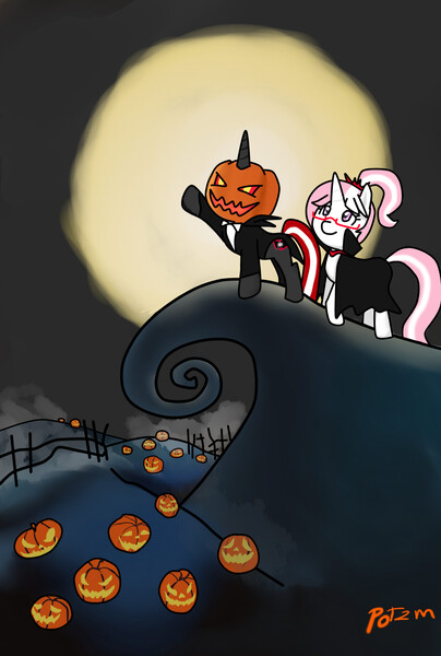 Size: 1048x1555 | Tagged: safe, artist:potzm, derpibooru import, oc, oc:lawyresearch, oc:lawyshadow, unofficial characters only, pony, unicorn, crossover, halloween, the nightmare before christmas