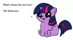 Size: 1194x668 | Tagged: safe, deleted from derpibooru, derpibooru import, twilight sparkle, pony, unicorn, antisemitism, exploitable meme, filly, filly twilight sparkle, filly twilight telling an offensive joke, holocaust, holocaust denial, holocaust joke, joke, meme, obligatory pony, solo, younger