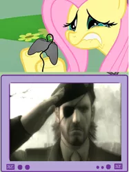 Size: 584x780 | Tagged: big boss, crying, derpibooru import, exploitable meme, fluttercry, fluttershy, gamershy, meme, metal gear, metal gear solid, metal gear solid 3, obligatory pony, safe, tv meme