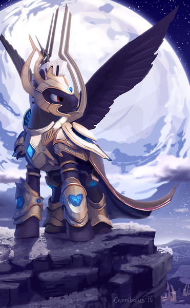 Size: 630x1020 | Tagged: armor, artanis, artist:cannibalus, crystal, derpibooru import, moon, oc, oc:ruhig fortepiano, protoss, safe, solo, starcraft, unofficial characters only