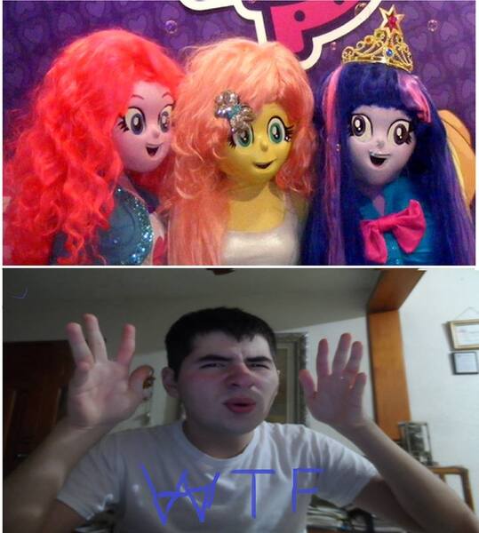 Size: 862x960 | Tagged: safe, artist:brandonale, derpibooru import, fluttershy, pinkie pie, twilight sparkle, twilight sparkle (alicorn), human, equestria girls, clothes, costume, image macro, irl, irl human, meme, peruvian nightmare squad, photo, reaction, wtf