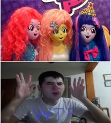 Size: 862x960 | Tagged: safe, artist:brandonale, derpibooru import, fluttershy, pinkie pie, twilight sparkle, twilight sparkle (alicorn), human, equestria girls, clothes, costume, image macro, irl, irl human, meme, peruvian nightmare squad, photo, reaction, wtf