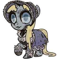 Size: 2285x2285 | Tagged: artist:inlucidreverie, blind, classic lolita, creepy, derpibooru import, fallout equestria, female, filly, ghoul, lolita fashion, oc, oc:cotton splendour, semi-grimdark, simple background, solo, transparent background, unofficial characters only