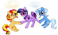 Size: 900x552 | Tagged: safe, artist:kaikururu, derpibooru import, sunset shimmer, trixie, twilight sparkle, twilight sparkle (alicorn), alicorn, pony, unicorn, blushing, counterparts, dialogue, female, fight, jealous, lesbian, love triangle, magical trio, one eye closed, shipping, shipping war, simple background, sunsetsparkle, suntwixie, transparent background, tug of war, twilight's counterparts, twixie, waifu, waifu fight