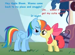 Size: 677x500 | Tagged: safe, derpibooru import, edit, edited screencap, screencap, apple bloom, rainbow dash, earth pony, pegasus, pony, bedroom eyes, female, filly, implied snuggling, lesbian, mare, rainbloom, shipping, this will end in jail time