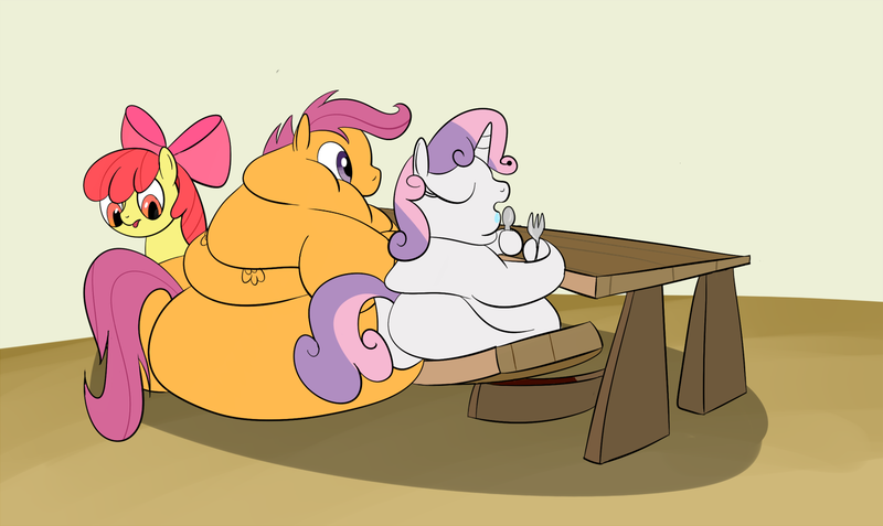 Size: 1500x894 | Tagged: apple bloom, artist:astr0zone, bench, cutie mark crusaders, derpibooru import, fat, impossibly large butt, morbidly obese, obese, plot, safe, scootalard, scootaloo, sweetie belle, sweetie belly, the ass was fat