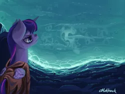 Size: 1024x768 | Tagged: semi-grimdark, artist:chickhawk96, derpibooru import, twilight sparkle, twilight sparkle (alicorn), alicorn, pony, unicorn, cave, cave pool, cloak, clothes, female, mare, mirror pool, pinkie clone debate