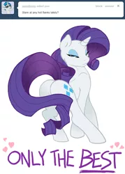 Size: 600x839 | Tagged: suggestive, artist:gunmouth, derpibooru import, rarity, pony, unicorn, bedroom eyes, butt shake, makeup, open mouth, plot, pose, pouting, presenting, simple background, solo, tail, teasing, the ass was fat