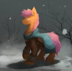 Size: 2800x2759 | Tagged: artist:fuzzyfox11, clothes, coat, derpibooru import, older, safe, scarf, scootaloo, snow, snowfall, winter