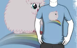 Size: 556x350 | Tagged: artist:mixermike622, clothes, derpibooru import, merchandise, oc, oc:fluffle puff, pink fluffy unicorns dancing on rainbows, rainbow, redbubble, safe, solo, t-shirt, unofficial characters only