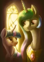 Size: 1240x1754 | Tagged: safe, artist:plainoasis, derpibooru import, princess celestia, twilight sparkle, alicorn, unicorn, female, jewelry, mare, regalia, unicorn twilight, window