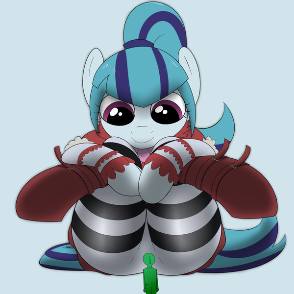 Size: 1280x1280 | Tagged: suggestive, artist:khorme, derpibooru import, sonata dusk, oc, oc:anon, ponified, equestria girls, boots, clothes, cosplay, equestria girls ponified, macro, one piece, perona, plot, size difference, socks, stockings, striped socks