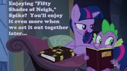 Size: 1920x1080 | Tagged: suggestive, derpibooru import, spike, twilight sparkle, twilight sparkle (alicorn), blushing, book, female, fifty shades of grey, fifty shades of neigh, image macro, implied bondage, implied foalcon, male, meme, shipping, spike blushing at a book meme, straight, text, twilight's bad pickup lines, twispike