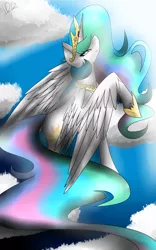Size: 2500x4000 | Tagged: artist:thedudegamer, cloud, cloudy, derpibooru import, flying, looking back, princess celestia, safe, solo