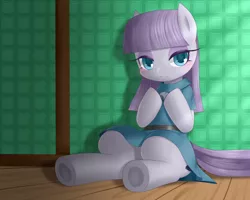 Size: 700x560 | Tagged: artist:hashioaryut, boulder (pet), clothes, cute, derpibooru import, maudabetes, maud pie, pixiv, safe, semi-anthro, sitting, solo, underhoof