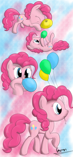 Size: 613x1303 | Tagged: safe, artist:caumen, derpibooru import, pinkie pie, earth pony, pony, balloon, balloonacy, blowing up balloons, cute, female, mare, mouth hold, solo