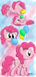 Size: 613x1303 | Tagged: safe, artist:caumen, derpibooru import, pinkie pie, earth pony, pony, balloon, balloonacy, blowing up balloons, cute, female, mare, mouth hold, solo