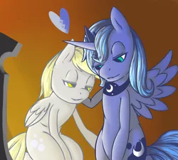 Size: 1000x900 | Tagged: safe, artist:florecentmoo, derpibooru import, derpy hooves, princess luna, pegasus, pony, female, heart, lesbian, lunaderp, mare, shipping