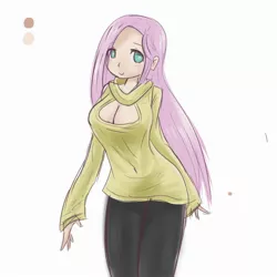 Size: 2500x2500 | Tagged: artist:burnoid096, cleavage, clothes, derpibooru import, female, fluttershy, human, humanized, keyhole turtleneck, light skin, open-chest sweater, pantyhose, safe, smiling, sweater, sweatershy, turtleneck
