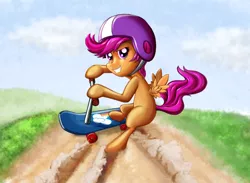 Size: 1000x733 | Tagged: safe, artist:suntenri, derpibooru import, scootaloo, pegasus, pony, action pose, female, filly, helmet, scooter, sliding, solo