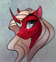 Size: 1280x1408 | Tagged: safe, artist:casynuf, derpibooru import, oc, oc:scarlet rose, unofficial characters only, pony, unicorn, bedroom eyes, horn ring, looking at you, portrait, scarlet, smiling