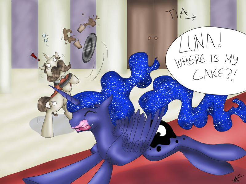 Size: 1890x1417 | Tagged: safe, artist:kot6, derpibooru import, kibitz, princess luna, .psd available, butler, cake, eyes closed, running, this will end in tears and/or a journey to the moon, tongue out, yelling