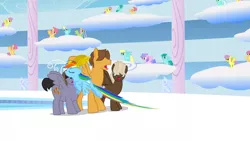 Size: 1062x597 | Tagged: safe, derpibooru import, screencap, dizzy twister, dumbbell, hoops, lyra heartstrings, merry may, orange swirl, parasol, quarterback, rainbow dash, sassaflash, spring melody, sprinkle medley, pegasus, pony, sonic rainboom (episode), cloudiseum, female, male, mare, score, stallion, taking off