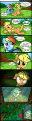 Size: 800x3029 | Tagged: dead source, safe, artist:veggie55, derpibooru import, applejack, rainbow dash, earth pony, pegasus, pony, apple, apple tree, comic, female, frown, horrified, mare, rain, sitting, toilet humor, tree, wide eyes