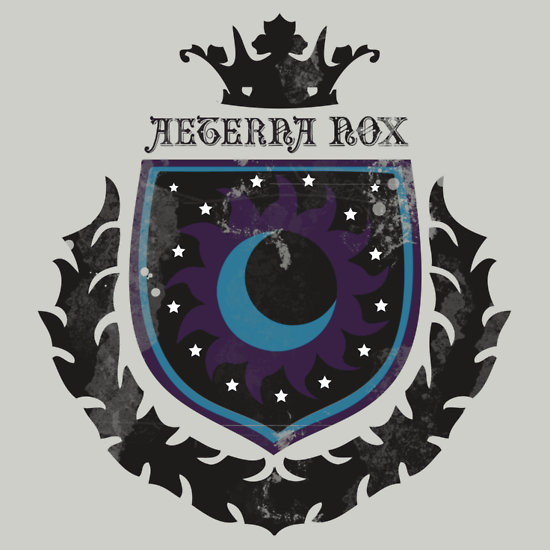 Size: 550x550 | Tagged: artist:dfragrance, clothes, coat of arms, derpibooru import, gray background, heraldry, latin, merchandise, motto, new lunar republic, redbubble, safe, shirt, simple background, sticker