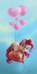 Size: 3581x7190 | Tagged: safe, artist:kapteeni-teepannu, derpibooru import, pinkie pie, earth pony, pony, absurd resolution, balloon, cute, diapinkes, female, heart balloon, looking at you, mare, smiling, solo, then watch her balloons lift her up to the sky