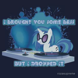 Size: 550x550 | Tagged: artist:rozasupreme, but i eated it, clothes, derpibooru import, drop the bass, merchandise, redbubble, safe, shirt, solo, sticker, text, vinyl scratch