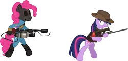 Size: 12494x6000 | Tagged: safe, artist:korsoo, derpibooru import, pinkie pie, twilight sparkle, pony, unicorn, absurd resolution, bipedal, crossover, cutie mark, female, flamethrower, gun, hat, hooves, horn, mare, optical sight, pinkie pyro, pyro, rifle, simple background, sniper, sniper rifle, team fortress 2, teeth, transparent background, twilight sniper, vector, weapon