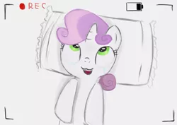 Size: 950x671 | Tagged: safe, artist:seshirubonsebon, derpibooru import, sweetie belle, pony, unicorn, :3, ahegao, crying, drool, female, filly, on back, open mouth, recording, simple background, smiling, solo, white background