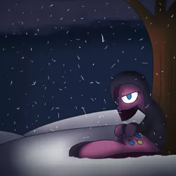 Size: 1024x1024 | Tagged: safe, artist:mr. rottson, derpibooru import, pinkie pie, alone, clothes, hoodie, pinkamena diane pie, snew, snow, snowfall, tree