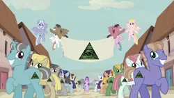 Size: 1280x720 | Tagged: banner, cutie mark, derpibooru import, edit, equal town banner, equal town banner meme, exploitable meme, eye of providence, illuminati, meme, ponies standing next to each other, s5 starlight, safe, starlight glimmer, the cutie map