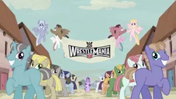Size: 1280x720 | Tagged: derpibooru import, edit, edited screencap, equal town banner, equal town banner meme, exploitable meme, group shot, in our town, meme, safe, screencap, the cutie map, wrestlemania 31, wwe