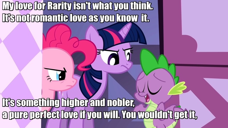 Size: 1280x720 | Tagged: safe, derpibooru import, pinkie pie, rarity, spike, twilight sparkle, babylon 5, female, image macro, implied rarity, lennier, love, male, meme, modified quote, obscure reference, quote, shipping, sparity, straight