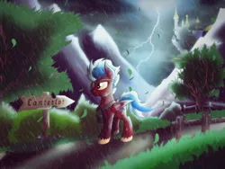 Size: 2048x1536 | Tagged: adventure, artist:ruhisu, canterlot, dark, derpibooru import, eyepatch, oc, oc:thunderstreak, rain, safe, solo, storm, unofficial characters only