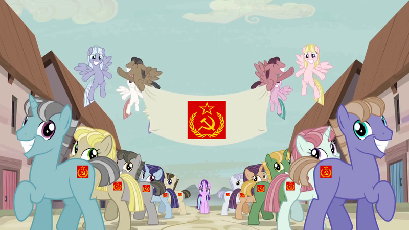 Size: 1280x720 | Tagged: banner, communism, communism is magic, derpibooru import, drama, drama bait, edit, edited screencap, equal town banner, equal town banner meme, exploitable meme, group shot, inevitable communism joke, in our town, meme, s5 starlight, safe, screencap, soviet union, stalin glimmer, starlight glimmer, the cutie map