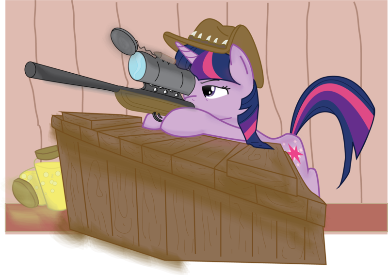 Size: 1553x1101 | Tagged: safe, derpibooru import, twilight sparkle, pony, unicorn, cutie mark, female, gun, hat, hooves, horn, jar, jarate, mare, optical sight, pee in container, rifle, sniper, sniper rifle, solo, team fortress 2, urine, weapon