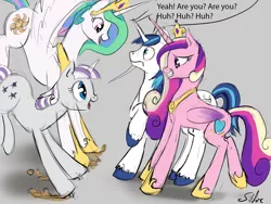 Size: 2000x1500 | Tagged: safe, artist:silfoe, derpibooru import, princess cadance, princess celestia, shining armor, twilight velvet, alicorn, pony, unicorn, royal sketchbook, dialogue, female, grin, looking at each other, male, mare, open mouth, sketch, smiling, stallion, wide eyes